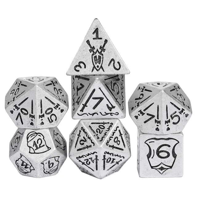 Silver Ancient Pattern 7pc Dice Set Inked in Black